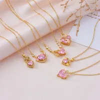 Women Sweet Pink Heart-Shaped Rhinestone Pendant Necklace
