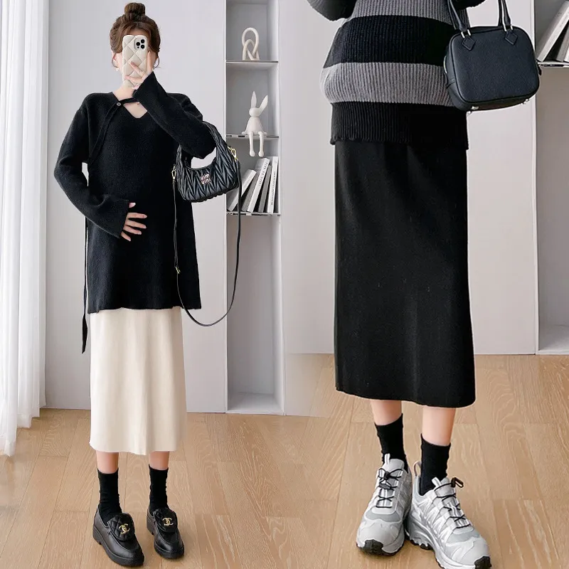 Maternity Solid Color Knitted Skirt with Back Split