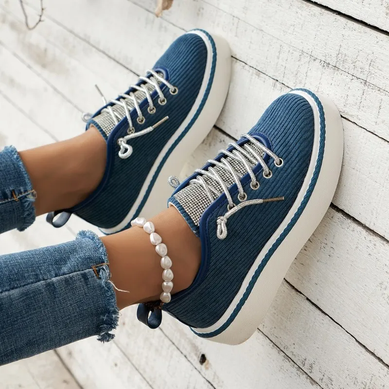 Women Fashion Plus Size Rhinestone Lace-Up Thick-Soled Sneakers