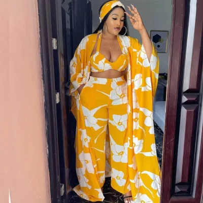 Women Floral Printed Loose Long Pants Set with Bra and Headband 4-Pieces