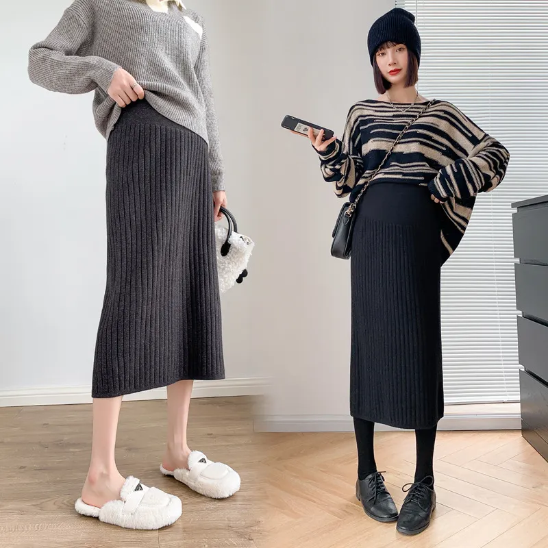 Pregnant Women Fashionable Simple Knitted Belly-Supporting High Waist A-Line Skirt