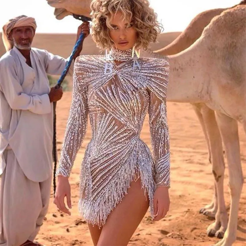 Spring And Summer Women Long Sleeve High Neck Glitter Side-Slit Tassel Party Cocktail Dress