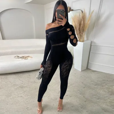 Sexy Women Hollow Seamless Knitted Jacquard High Elastic One-Piece Jumpsuit