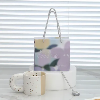 Taza de cerámica con tinta splash ink para fiesta, juego de tazas de porcelana blanca, moderno y sencillo, con cuchara