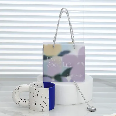 Taza de cerámica con tinta splash ink para fiesta, juego de tazas de porcelana blanca, moderno y sencillo, con cuchara