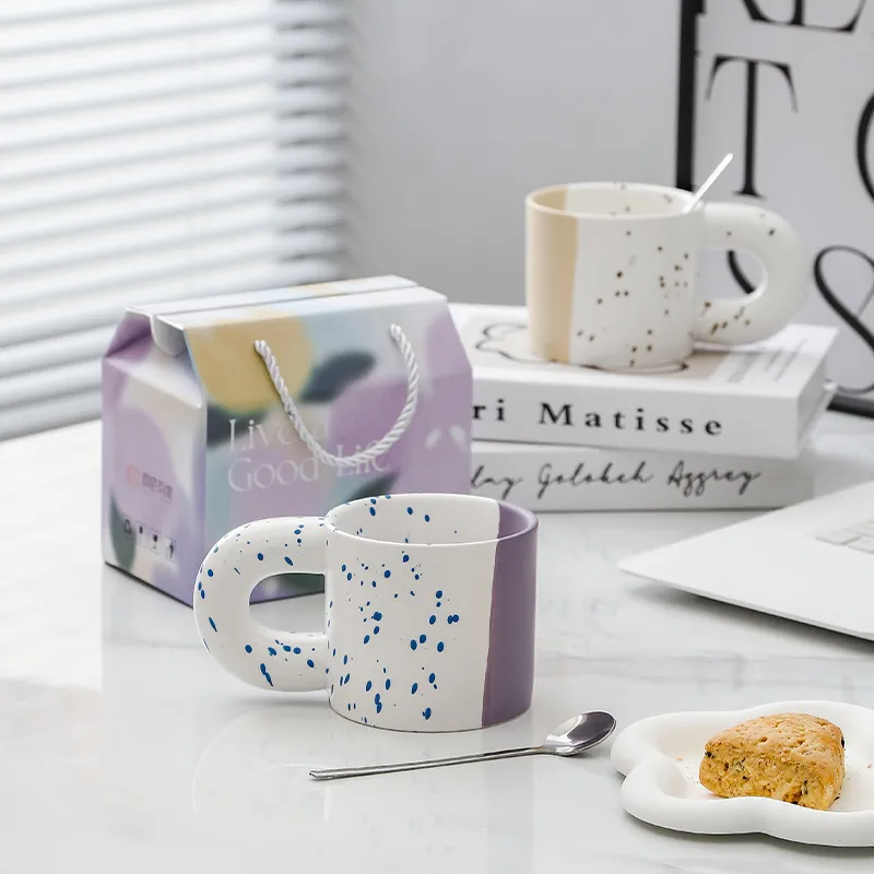 Taza de cerámica con tinta splash ink para fiesta, juego de tazas de porcelana blanca, moderno y sencillo, con cuchara