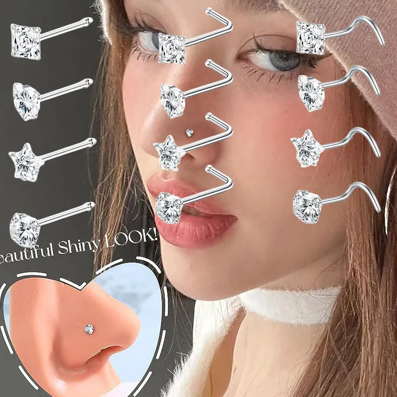 Simple Star Round Heart-Shaped Rhinestone Stainless Steel Nose Stud Body Piercing Jewelry