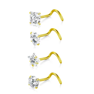 Women Simple Rhinestone Nose Nail Stainless Steel Body Piercing Jewelry 4-In-1 Set