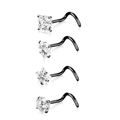 Women Simple Rhinestone Nose Nail Stainless Steel Body Piercing Jewelry 4-In-1 Set