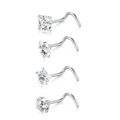 Women Simple Rhinestone Nose Nail Stainless Steel Body Piercing Jewelry 4-In-1 Set