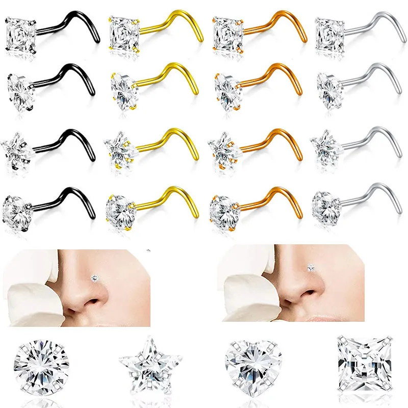 Women Simple Rhinestone Nose Nail Stainless Steel Body Piercing Jewelry 4-In-1 Set