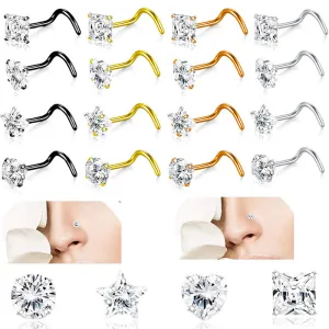 Women Simple Rhinestone Nose Nail Stainless Steel Body Piercing Jewelry 4-In-1 Set