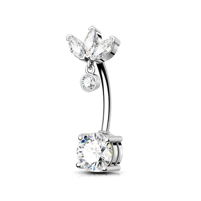 Women Simple Floral Heart-Shaped Rhinestone Navel Nail Stainless Steel Body Piercing Jewelry