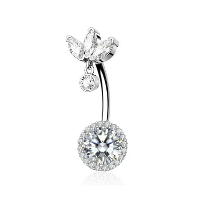 Women Simple Floral Heart-Shaped Rhinestone Navel Nail Stainless Steel Body Piercing Jewelry