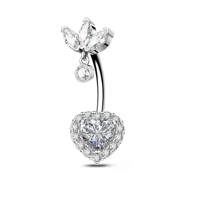 Women Simple Floral Heart-Shaped Rhinestone Navel Nail Stainless Steel Body Piercing Jewelry