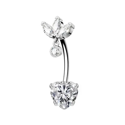 Women Simple Floral Heart-Shaped Rhinestone Navel Nail Stainless Steel Body Piercing Jewelry