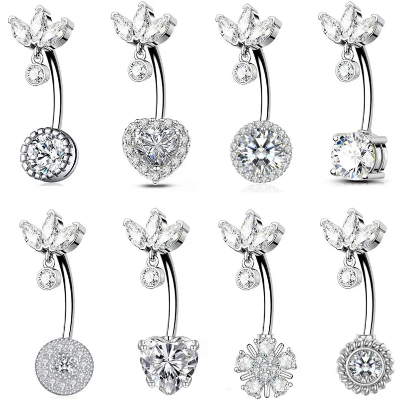 Women Simple Floral Heart-Shaped Rhinestone Navel Nail Stainless Steel Body Piercing Jewelry