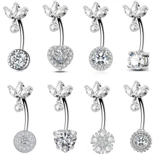 Women Simple Floral Heart-Shaped Rhinestone Navel Nail Stainless Steel Body Piercing Jewelry