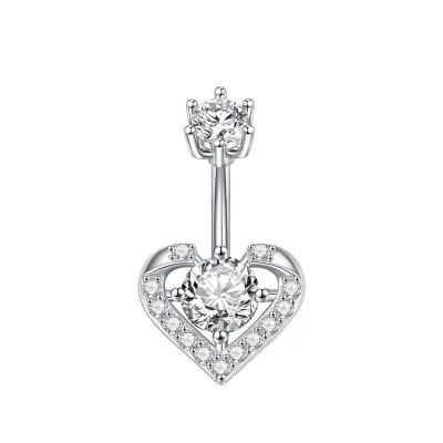 Women Simple Stainless Steel 6-Claw Copper Zircon Heart-Shaped Navel Ring Body Piercing Jewelry