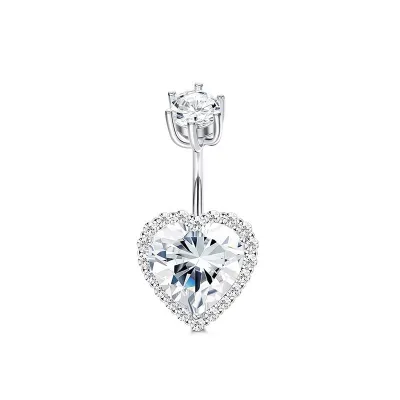 Women Simple Stainless Steel 6-Claw Copper Zircon Heart-Shaped Navel Ring Body Piercing Jewelry
