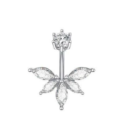 Women Simple Stainless Steel 6-Claw Copper Zircon Heart-Shaped Navel Ring Body Piercing Jewelry