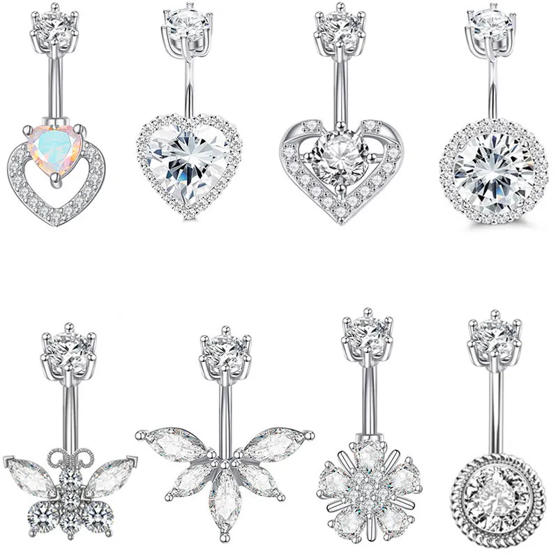 Women Simple Stainless Steel 6-Claw Copper Zircon Heart-Shaped Navel Ring Body Piercing Jewelry