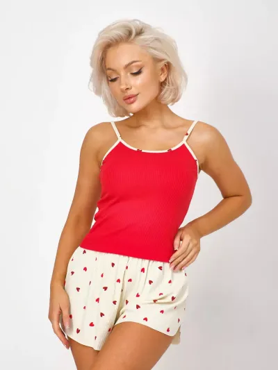 Women's Heart Printed Rib-Knit Sling Pajama Shorts - Casual Cute Home Clothes