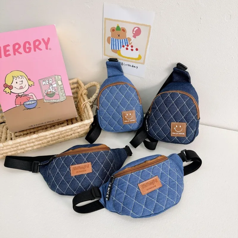 Kids Boys Girls Fashion Casual Smiley Face Quilted Denim Waist Chest Bag