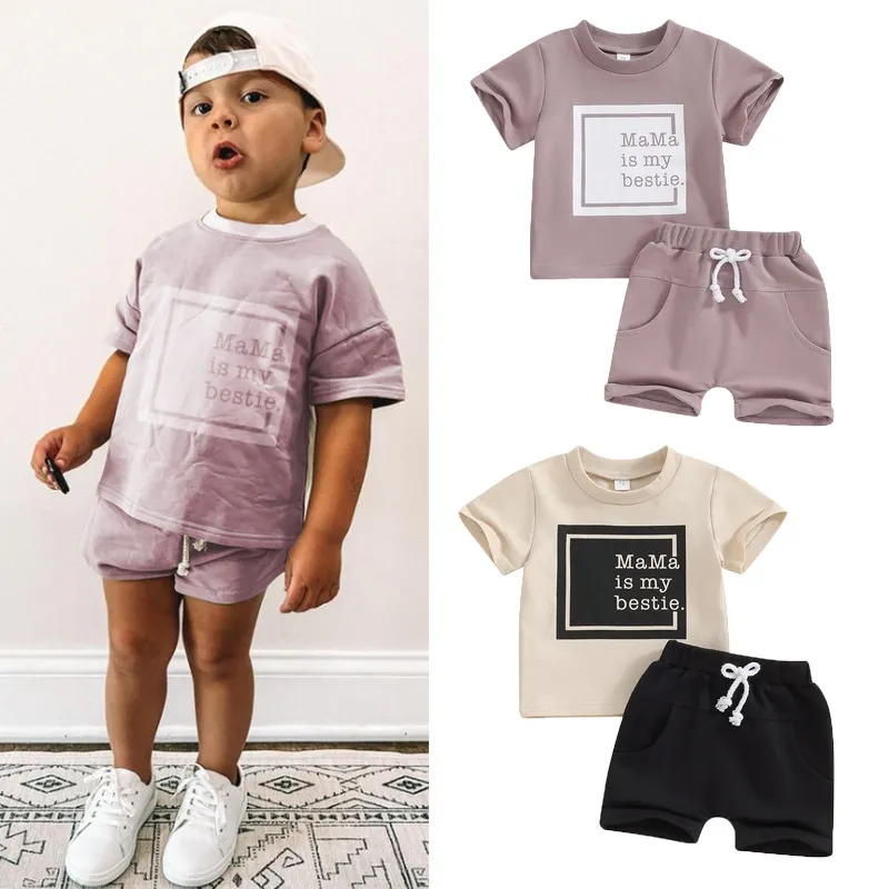 Kids Baby Boys Casual Letter Print Short Sleeve Round Neck T-Shirt Shorts Set 0-3T