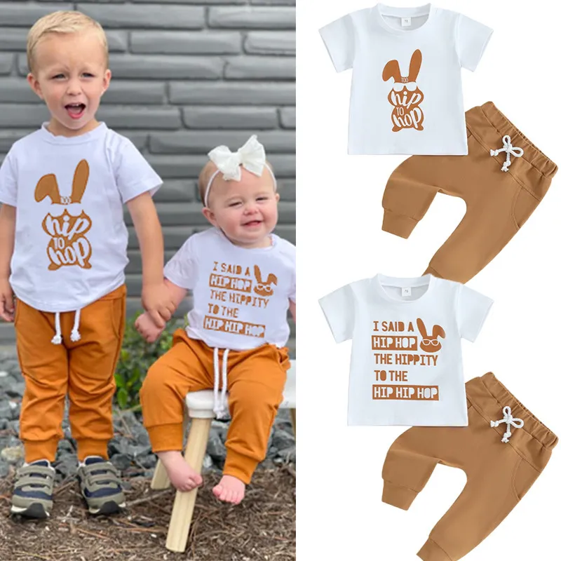 Kids Baby Boys Girls Casual Cute Easter Cartoon Rabbit Print Short Sleeve Round Neck T-Shirt and Trousers Set
