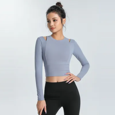Women Open-Shoulder Yoga Top Quick-Dry Stretch Long-Sleeved Solid Color