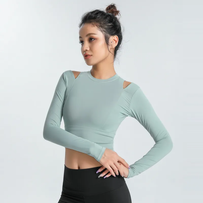 Women Open-Shoulder Yoga Top Quick-Dry Stretch Long-Sleeved Solid Color