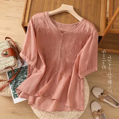 Women Retro Linen Embroidered Short Sleeve Blouse