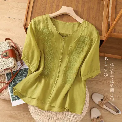 Women Retro Linen Embroidered Short Sleeve Blouse