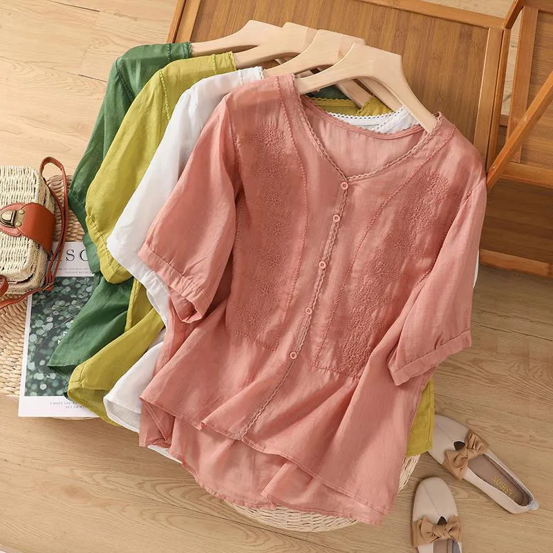 Women Retro Linen Embroidered Short Sleeve Blouse