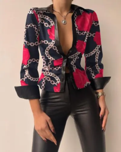 Women Casual Print V-Neck Long Sleeve Blouse Loose Fit Cardigan