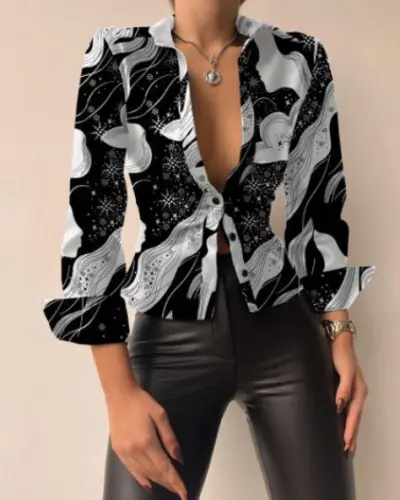 Women Casual Print V-Neck Long Sleeve Blouse Loose Fit Cardigan
