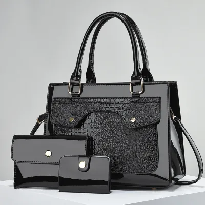 Women's Fashion Bright PU Leather Large Capacity Wallet Handbag Three-Piece Set