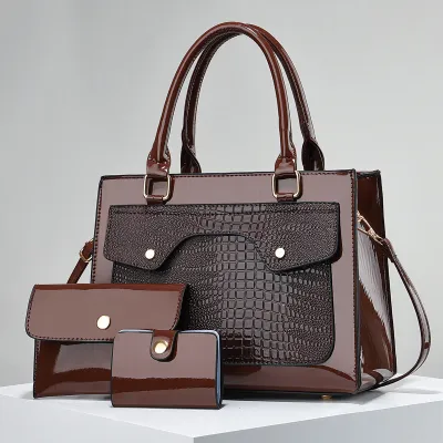 Women's Fashion Bright PU Leather Large Capacity Wallet Handbag Three-Piece Set