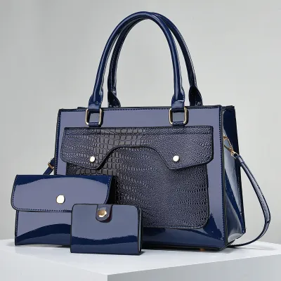 Women's Fashion Bright PU Leather Large Capacity Wallet Handbag Three-Piece Set