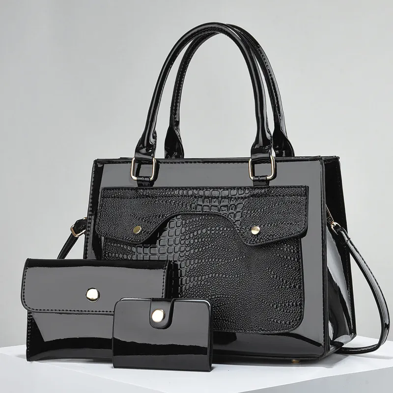 Women's Fashion Bright PU Leather Large Capacity Wallet Handbag Three-Piece Set