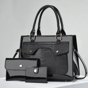 Women's Fashion Bright PU Leather Large Capacity Wallet Handbag Three-Piece Set
