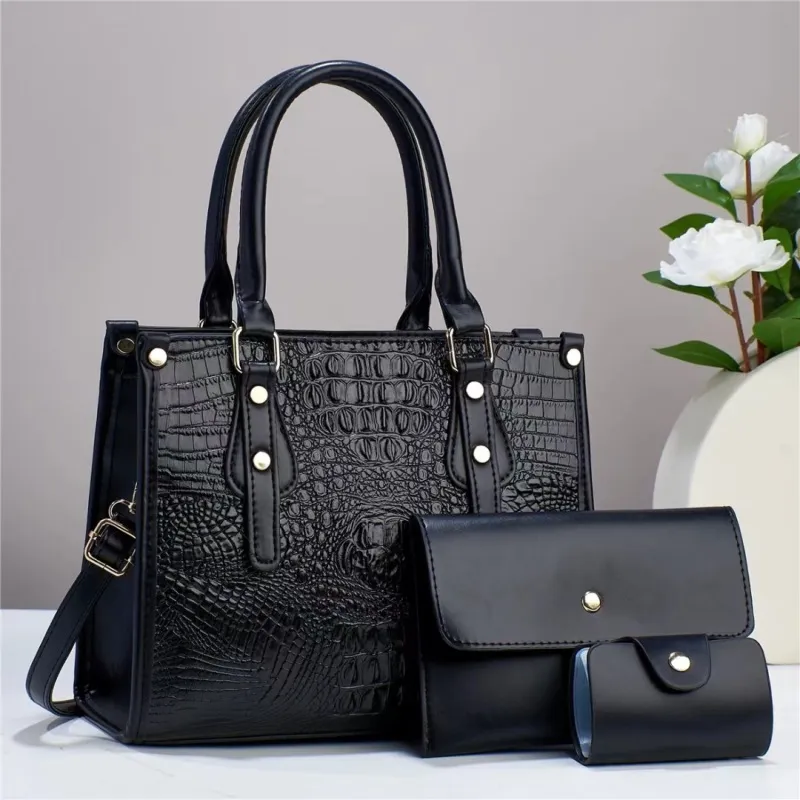 Women Retro Crocodile Pattern Wallet Large Capacity Square Handbag Three-Piece Set