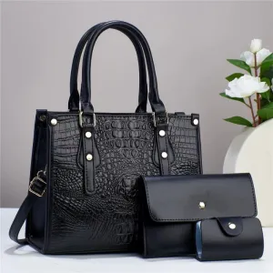Women Retro Crocodile Pattern Wallet Large Capacity Square Handbag Three-Piece Set