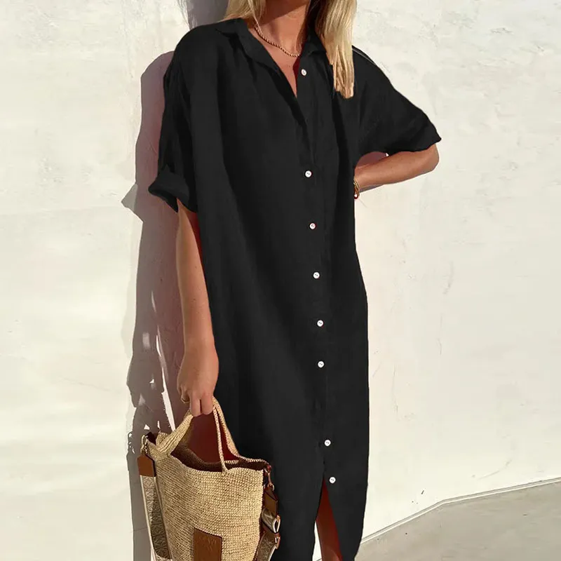 Women Elegant Casual Loose Short-Sleeved Button Cotton Linen Long Pocket Maxi Shirt Dress