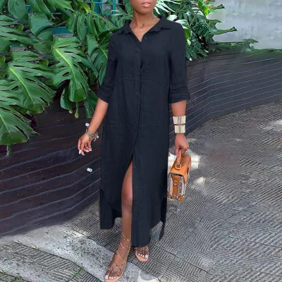 Summer Women Casual Breathable Cotton Linen Shirt Collar Button-Up Maxi Dress