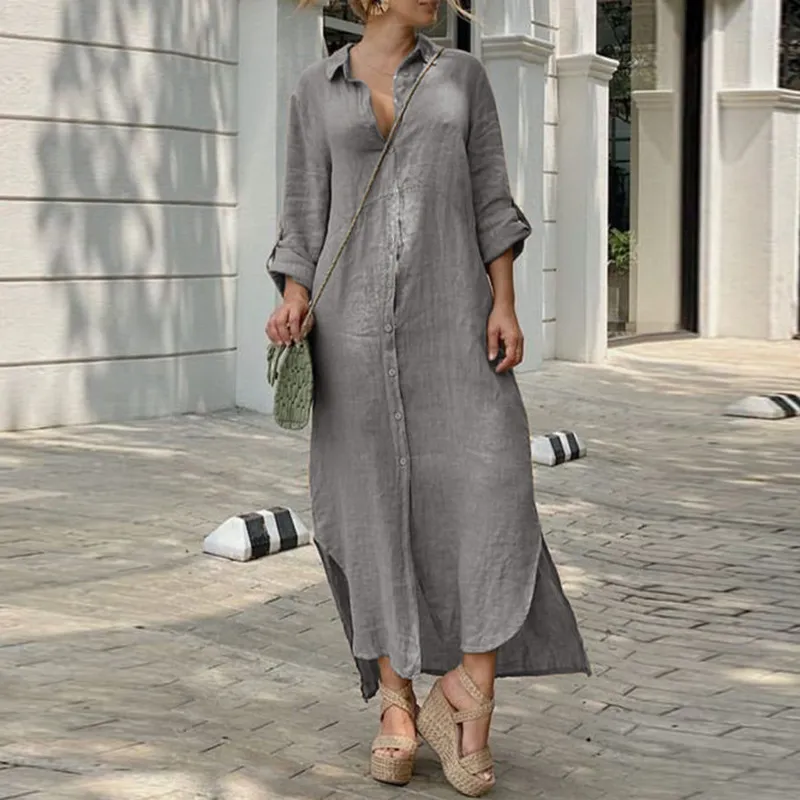 Summer Women Casual Breathable Cotton Linen Shirt Collar Button-Up Maxi Dress