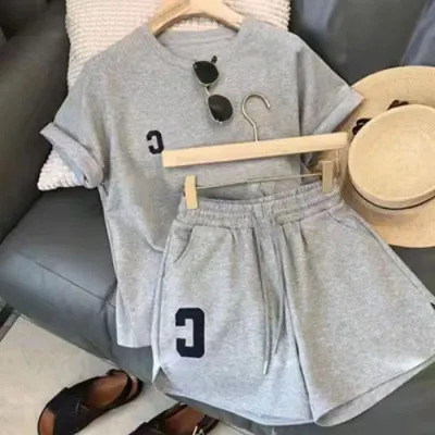 Summer Casual Sports C Letter Embroidery Short Sleeve T-Shirt and Shorts Two-Piece Set for Women