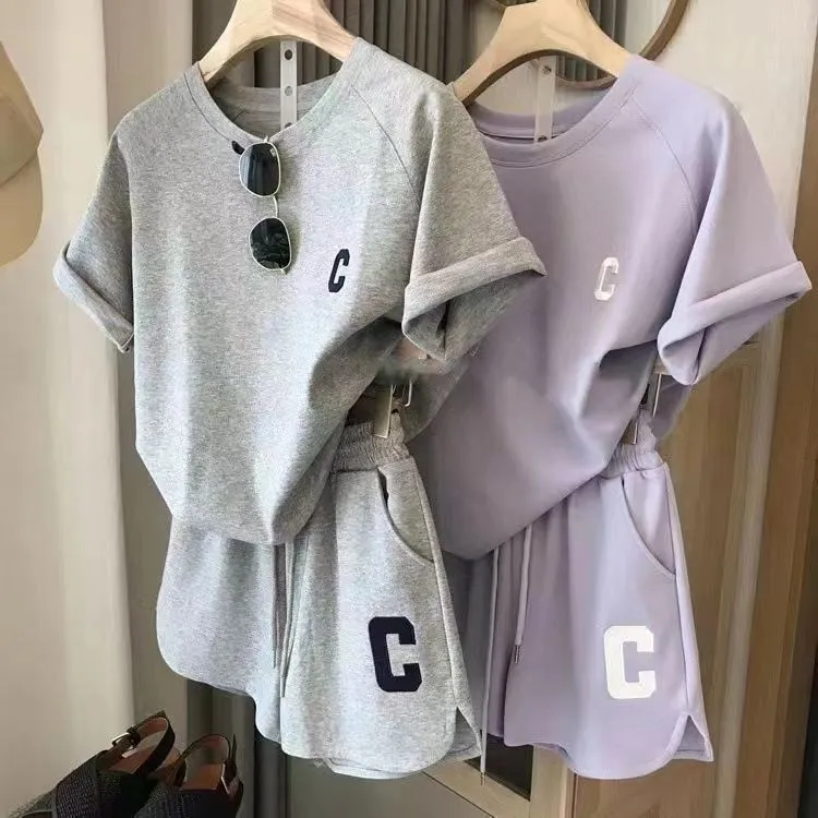 Summer Casual Sports C Letter Embroidery Short Sleeve T-Shirt and Shorts Two-Piece Set for Women