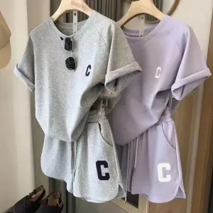 Summer Casual Sports C Letter Embroidery Short Sleeve T-Shirt and Shorts Two-Piece Set for Women